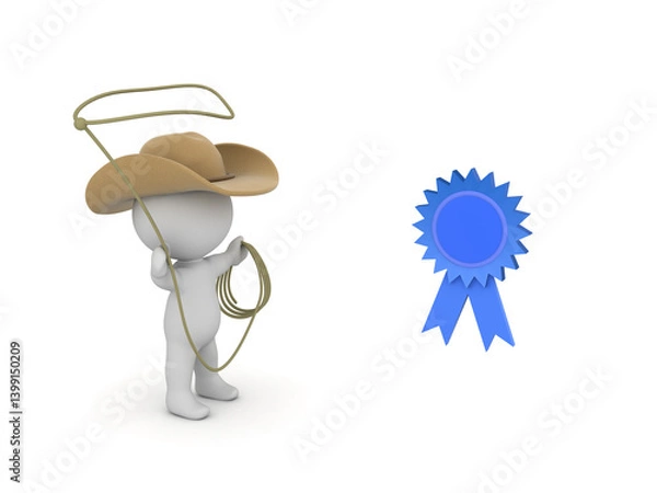 Fototapeta 3D Cowboy with lasso trying to catch an award blue ribbon