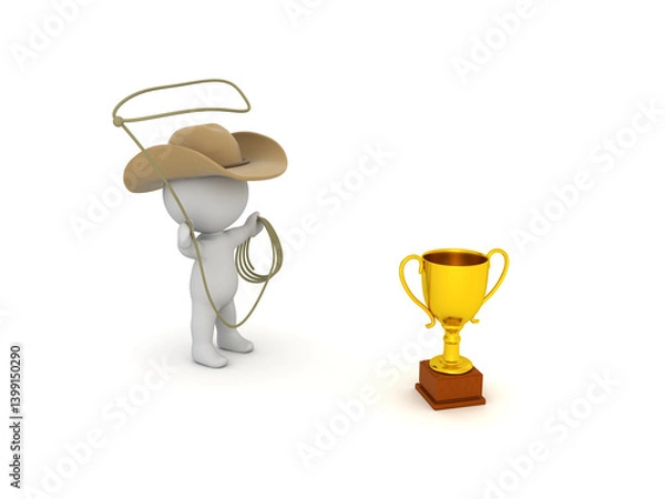 Fototapeta 3D Cowboy with a lasso trying to catch a gold trophy cup