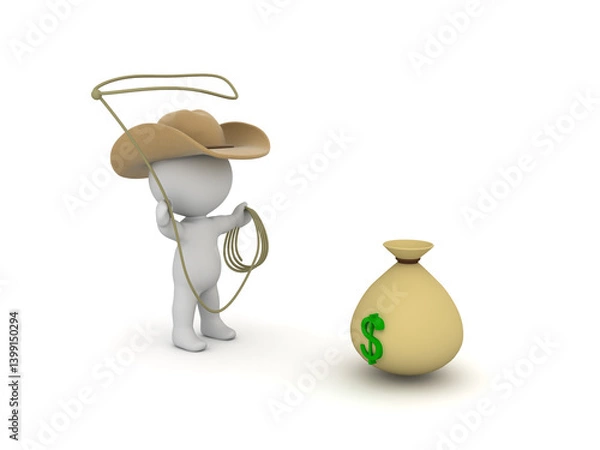 Fototapeta 3D Cowboy with a lasso trying to catch a bag of money