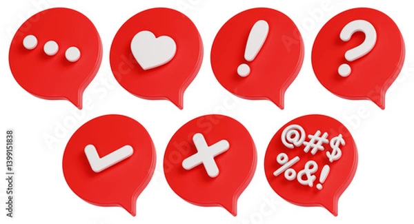 Fototapeta Speech bubble signs set. Red dialog clouds. 3D rendering.