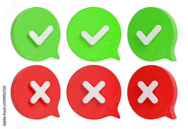 Obraz Approve and decline speech bubble signs set. Red and green dialog clouds. 3D rendering.