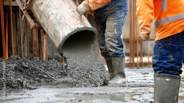 Fototapeta A construction site worker mixing cement in a concrete mixer. Featuring cement mixing and construction prep work