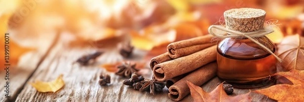 Obraz A cozy arrangement of cinnamon sticks, a bottle of essential oil, and autumn leaves, evoking warmth and seasonal scents.