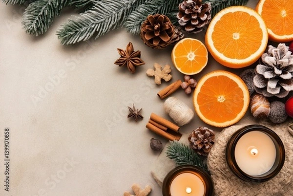 Fototapeta A festive arrangement of pine branches, oranges, pine cones, and candles, evoking a warm and cozy holiday atmosphere.