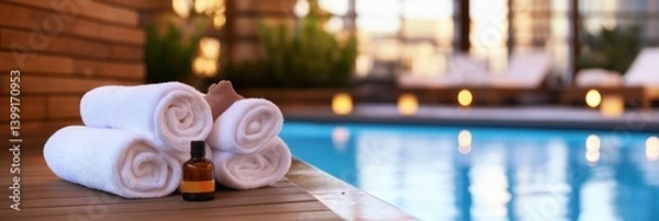 Obraz A serene spa setting with rolled towels and a bottle of essential oil beside a tranquil pool, creating a relaxing atmosphere.