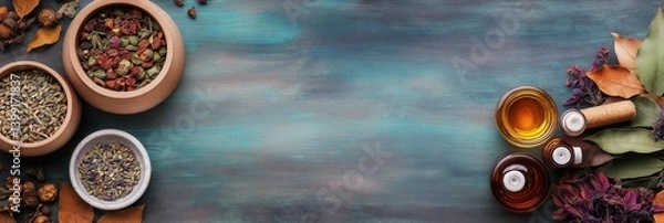 Fototapeta A collection of herbs and essential oils displayed in bowls, with a textured blue background, showcasing a natural and aromatic aesthetic.