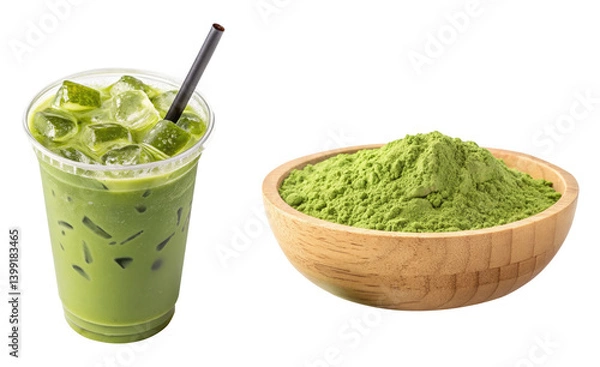 Obraz Japanese iced matcha latte with green matcha powder in a wooden bowl on a transparent background png