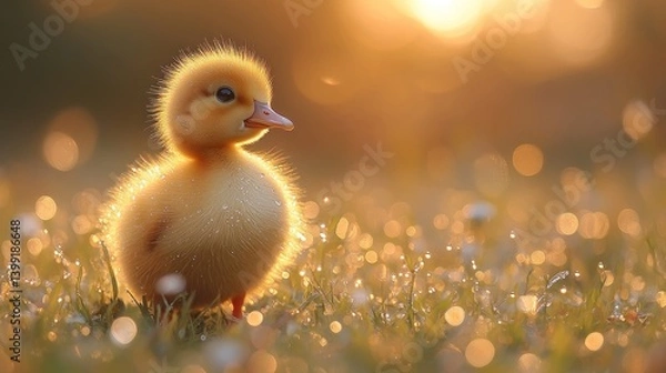 Fototapeta Golden Hour Duckling: A Tiny Ball of Fluff in the Morning Dew