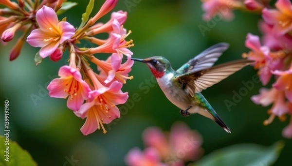 Fototapeta A hummingbird hovers near a vibrant cluster of honeysuckle flowers. The bird's iridescent feathers shimmer in the light as it sips nectar from the blossoms