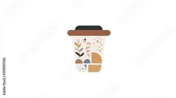 Fototapeta A cute, boho-inspired coffee cup logo with minimalist design elements. Flat illustration with neutral tones and simple shapes, set against a white background for a clean professional aesthetic.