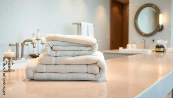 Fototapeta Neatly Folded Bath Towels and Elegant Décor in a Serene Bathroom