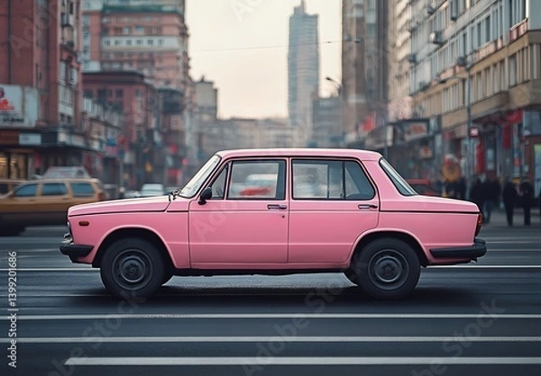 Fototapeta Vintage Pink Sedan Car in Urban Street Scene with Modern Buildings and Busy Pedestrians