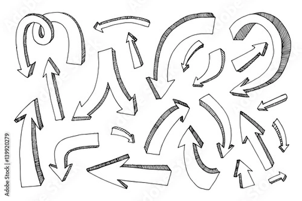 Fototapeta Isolated vector hand drawn doodle volume arrows set on a white background