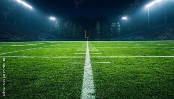 Fototapeta Empty football field at night, illuminated by stadium lights (3)