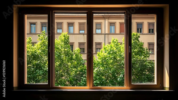 Obraz City View Through Window With Trees