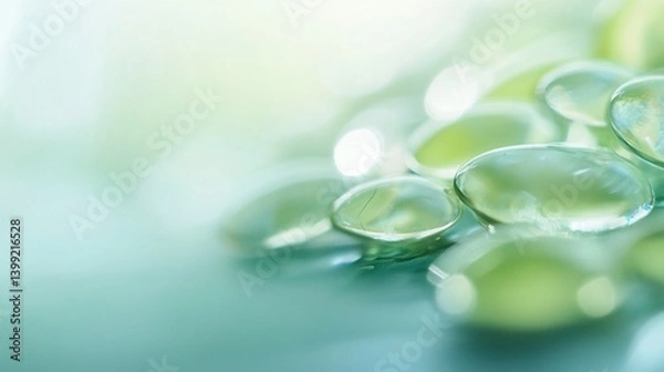 Fototapeta Close-up of translucent green glass beads on a light teal surface, shallow depth of field, soft light.