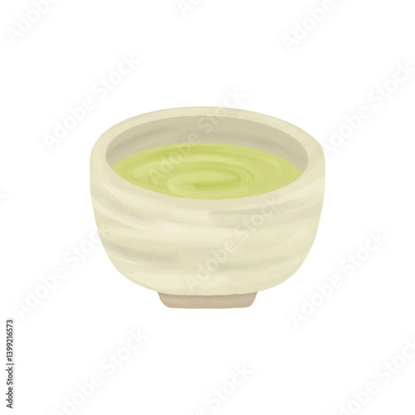 Obraz 焼き物の湯呑みに入ったお茶（抹茶）のイラスト