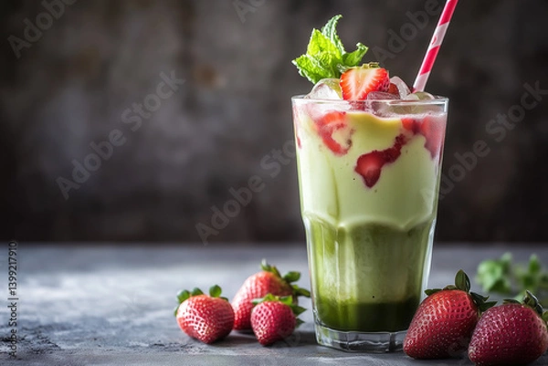 Fototapeta Iced matcha latte swirl with strawberry syrup and topped with mint leaves, surrounded by fresh strawberries on stone background. Concept of summer beverage, freshness and organic indulgence.