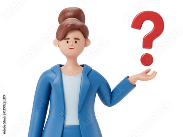 Obraz woman presenting a question mark, symbolizing inquiry or seeking answers. 3D rendering, conceptual image. Isolated on white background.