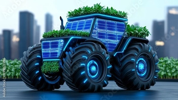 Obraz Futuristic electric tractor with green plants and glowing features in an urban landscape