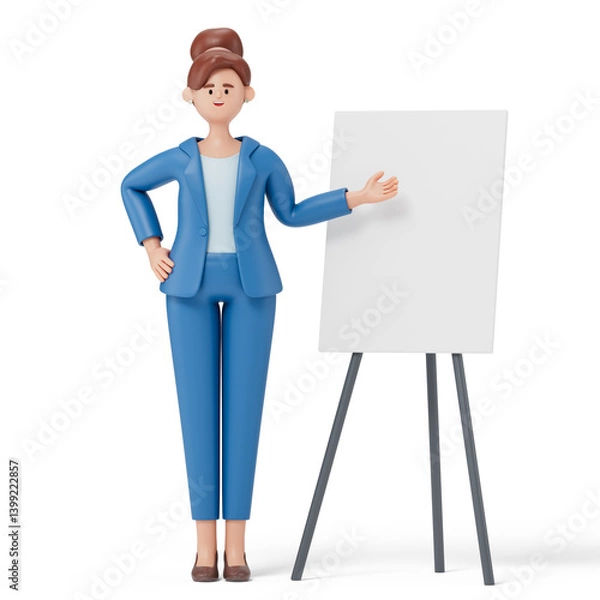 Fototapeta A woman stands with a blank white canvas, symbolizing the preparation for a presentation or the introduction of new ideas. 3D rendering, conceptual image. Isolated on white background.