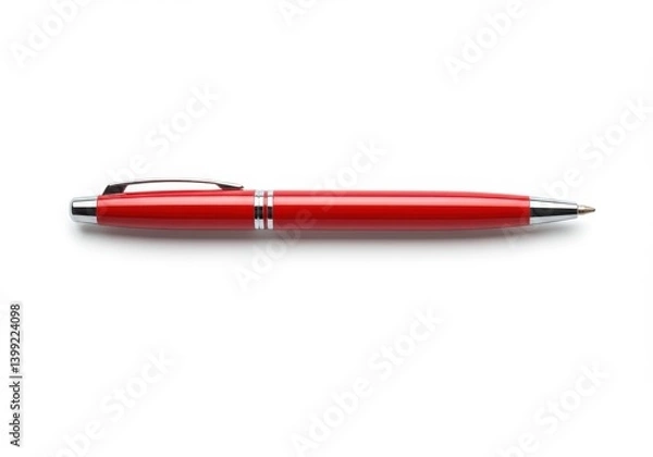 Fototapeta A sleek red pen with silver accents resting on a clean white surface in a horizontal position