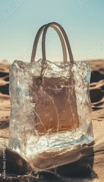 Fototapeta A bag encased in ice stands alone in the desert 3. Generative AI