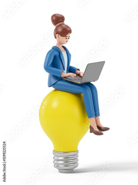 Obraz A woman sits on a large yellow light bulb while using a laptop, symbolizing innovative thinking or the generation of new ideas through technology. 3D rendering, conceptual image. Isolated on white bac