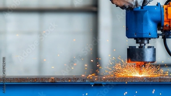 Obraz Metal work sparks fly as tool grinds along a metal beam in the factory