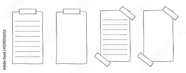 Fototapeta Hand drawn memo paper sheet, sticky note, reminder, to do list, sticky tape. Bullet journal elements in line art doodle style.