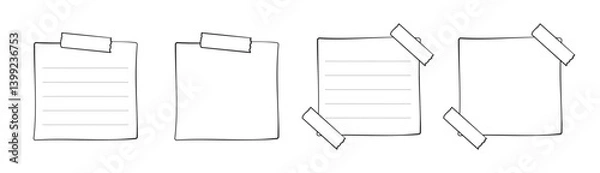 Fototapeta Hand drawn memo paper sheet, sticky note, reminder, to do list, sticky tape. Bullet journal elements in line art doodle style.
