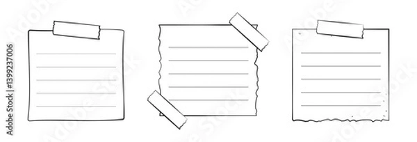 Fototapeta Hand drawn memo paper sheet, sticky note, reminder, to do list, sticky tape. Bullet journal elements in line art doodle style.