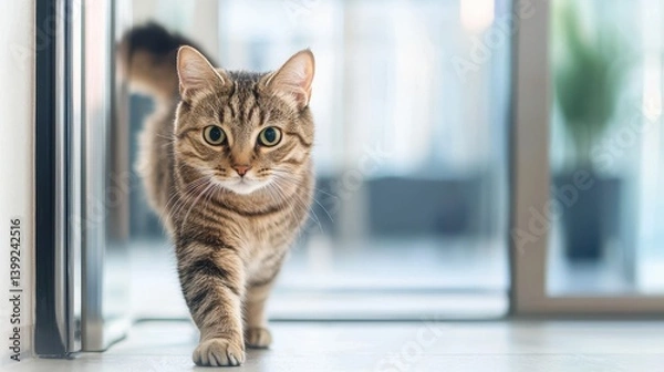 Fototapeta Adorable tabby cat walking toward the camera in a modern bright indoor environment with blurred background