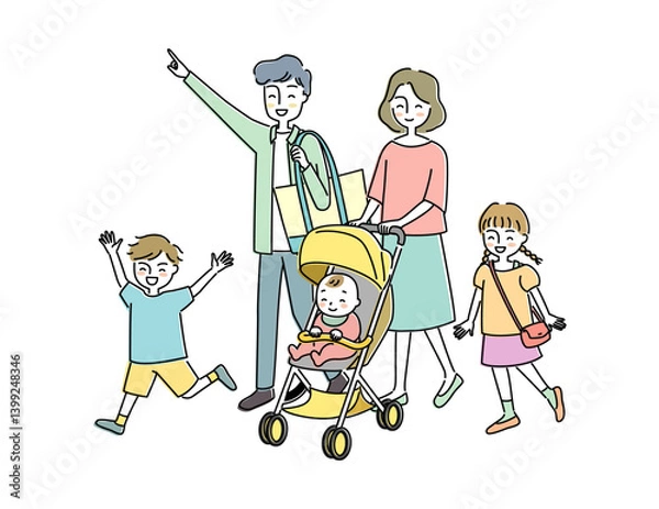 Obraz ベビーカーでお出かけする家族のイラスト