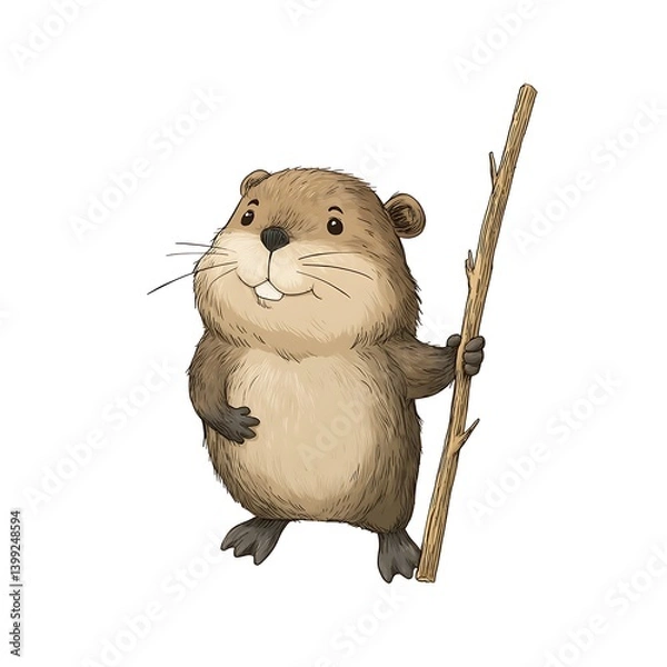 Obraz Cartoon young beaver gathering sticks