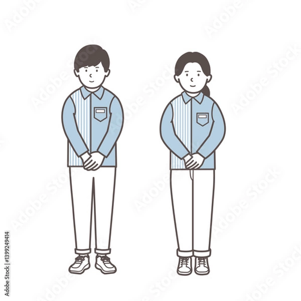 Fototapeta コンビニ店員男女の全身イラスト