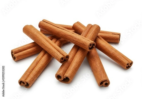 Obraz A group of cinnamon sticks piled together on a white background in a studio setting isolated well