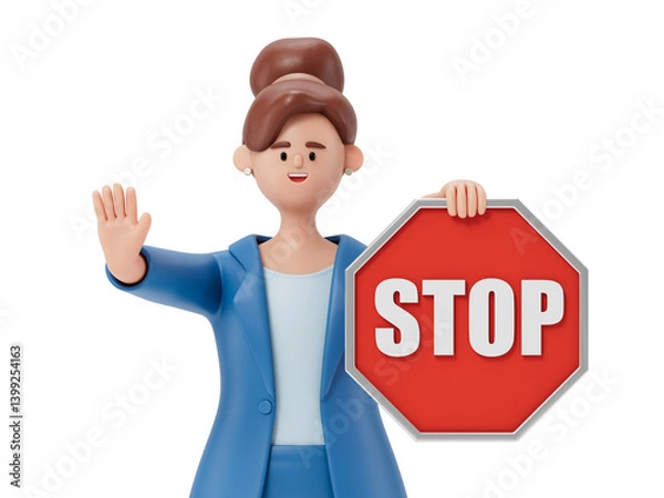 Obraz woman holding a stop sign, symbolizing halting or pausing actions. 3D rendering, conceptual image. Isolated on white background.