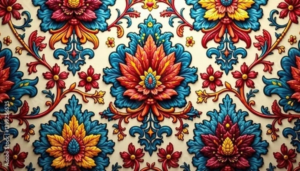 Fototapeta Intricate floral damask pattern, woven textile texture, classic, background, artwork