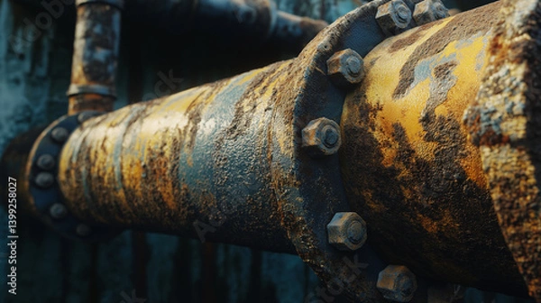 Fototapeta Close-up industrial pipe texture with crusty rust, dripping stains, and mineral scale