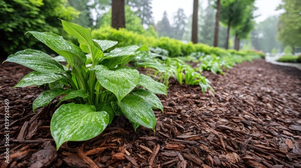 Fototapeta Lush green plants thrive in rain soaked mulch bed, protecting their roots and retaining moisture, creating serene garden atmosphere