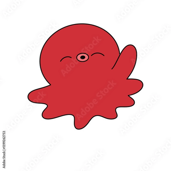 Fototapeta A red octopus with a smile on its face is waving