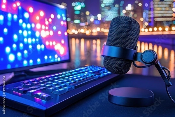 Fototapeta Gaming Setup With Microphone And Keyboard