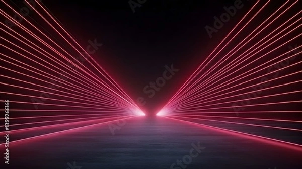 Fototapeta A dark, atmospheric scene featuring numerous parallel pink neon lines converging at a vanishing point in the distance, creating an illusion of depth and perspective on a sleek, dark surface.