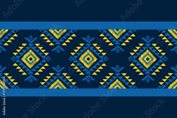 Obraz Ikat seamless floral pattern on yellow blue tone , Motif ethnic floral seamless textil, embroidery, print striped ornament floral, pattern, design for wrapping, silk, scarf, background, text