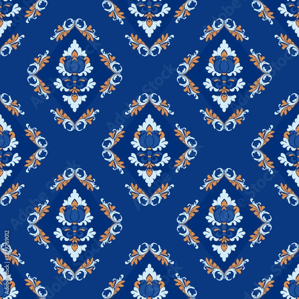 Obraz Seamless classic damask pattern inblue gold tones - vector illustration for luxury textile design.	