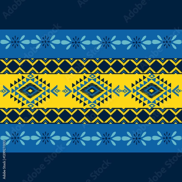 Obraz Ikat seamless floral pattern on yellow blue tone , Motif ethnic floral seamless textil, embroidery, print striped ornament floral, pattern, design for wrapping, silk, scarf, background, text