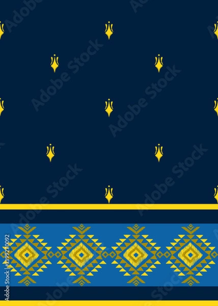 Obraz Ikat seamless floral pattern on yellow blue tone , Motif ethnic floral seamless textil, embroidery, print striped ornament floral, pattern, design for wrapping, silk, scarf, background, text