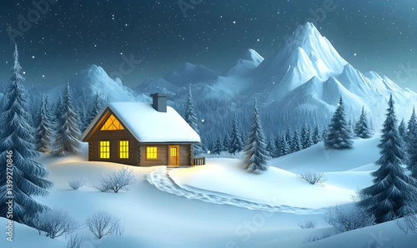 Fototapeta Snowy cabin winter scene