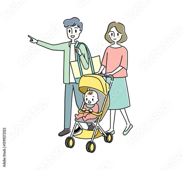 Obraz 赤ちゃんとベビーカーでお出かけする夫婦のイラスト